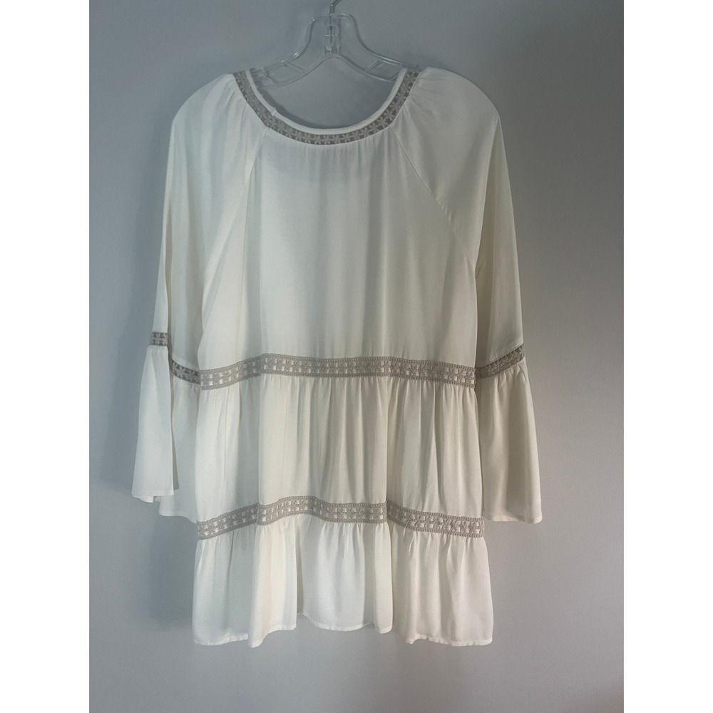 Melissa Paige Ivory Tiered Crochet Lace Trim Tunic Blouse Bell Sleeve Large